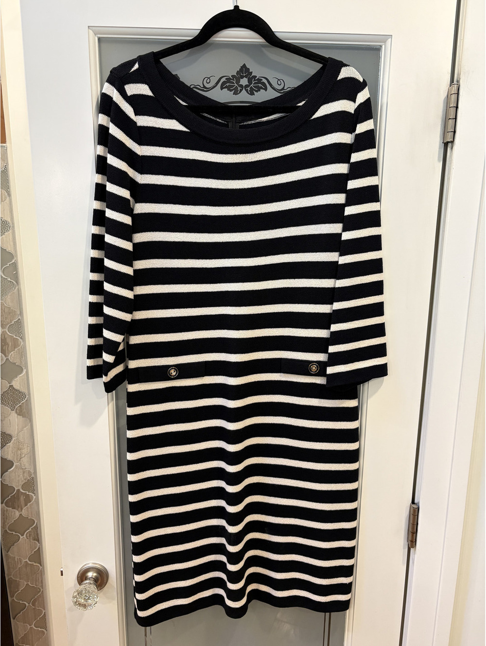 Sz 12 St John Sport Wool Blend Dress Black White Stripe Boat Neck Quiet Luxury